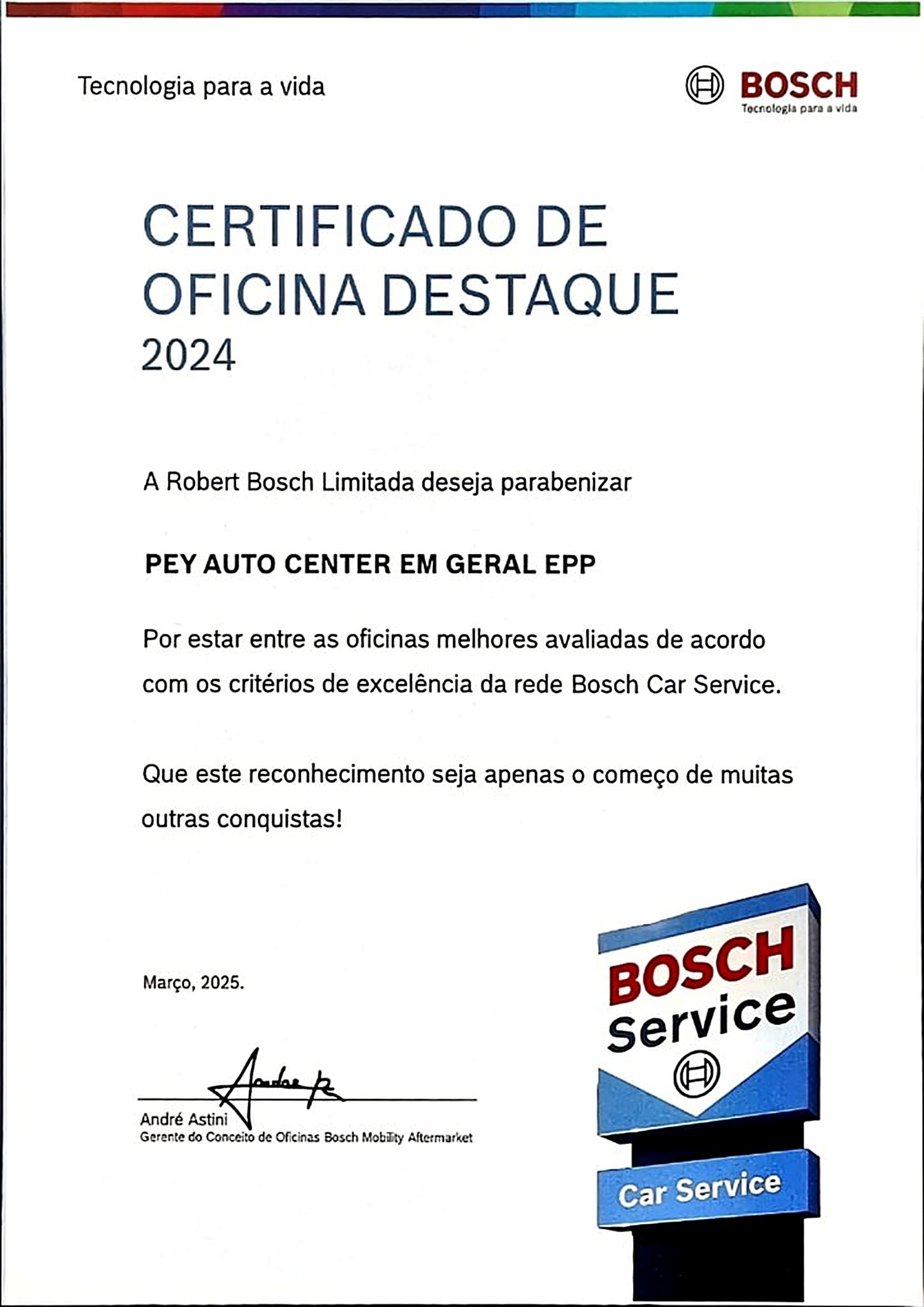 Certificado de Oficina Destaque 2024 emitido pela Robert Bosch Limitada